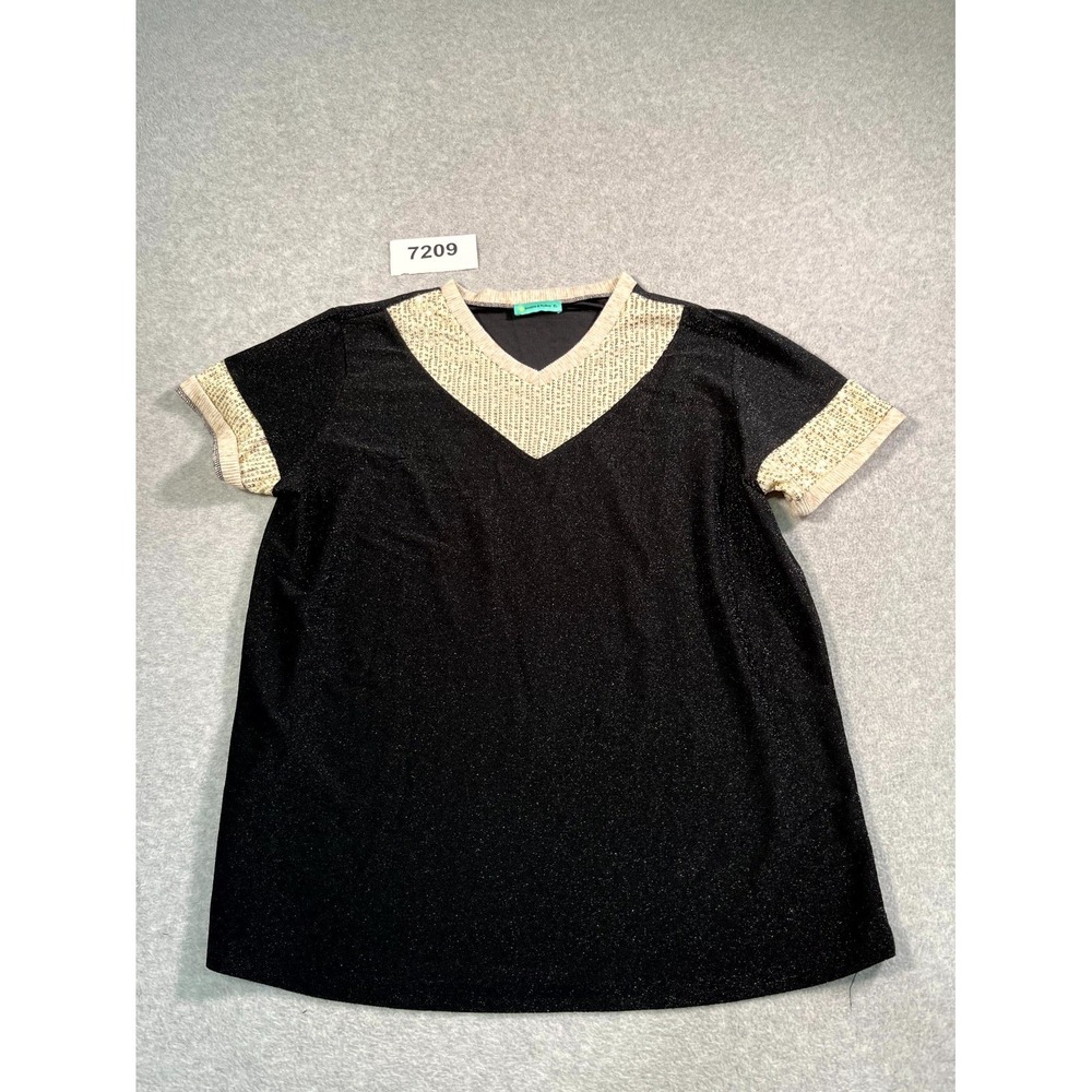 Sunshine & Rodeos Blouse Top Womens XL Black Stretch V Neck Sequin Casual